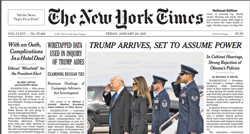 NYT Front Page 1/20/2017
