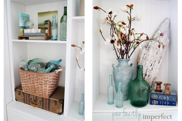 home decorating ideas using coastal elements, like blue and green glass, at perfectly imperfect