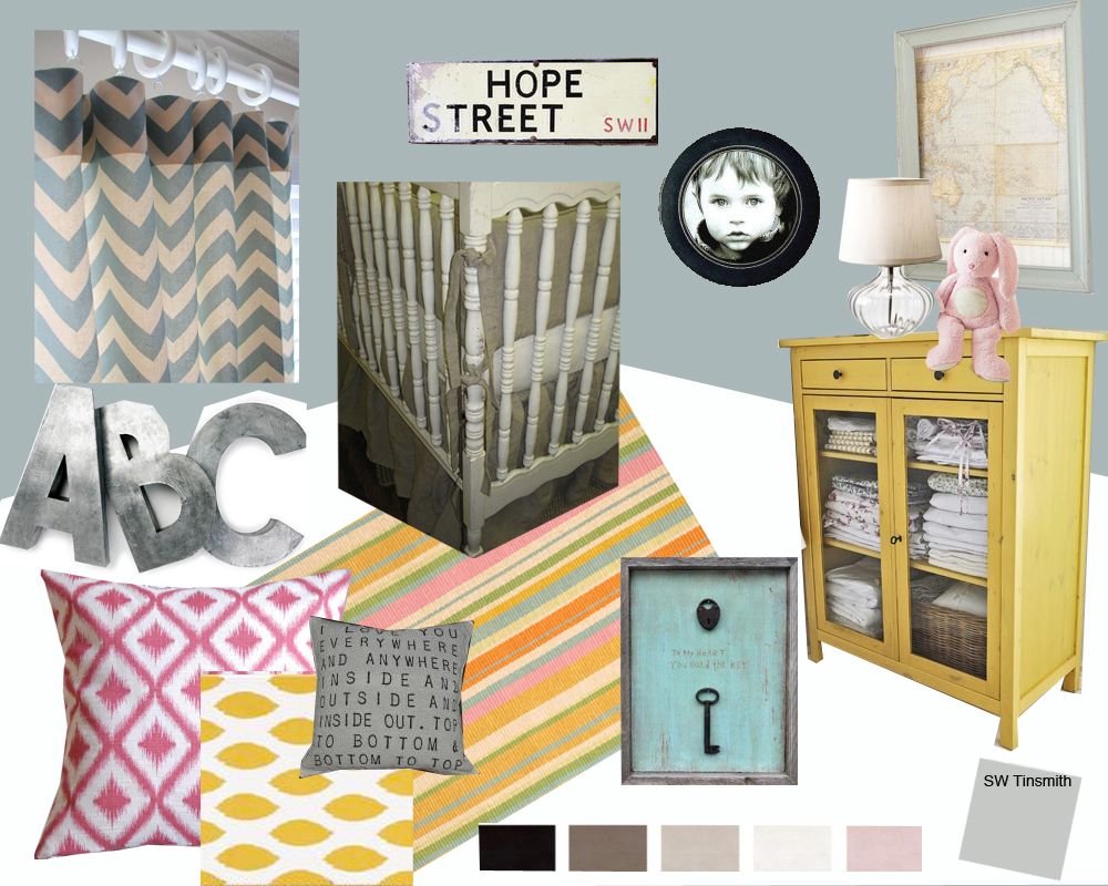 design board for a modern little girl's nursery